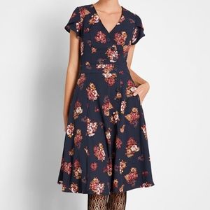 Modcloth Short Sleeve Blue w/Floral Pattern Dress